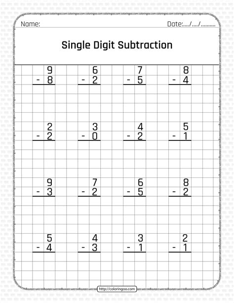 Single Digit Subtraction Worksheets for Math Mastery