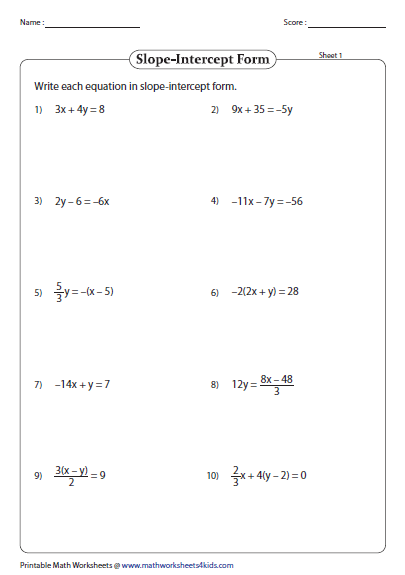 Slope Intercept Form Printable Worksheets