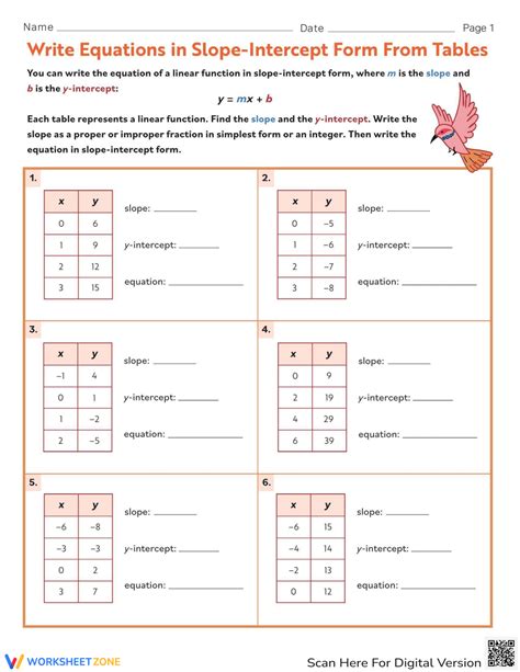 Slope Intercept Form Tables Worksheet