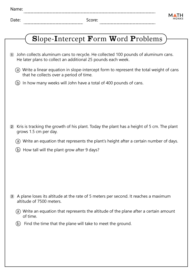 Slope Intercept Form Word Problems Worksheet Answer Key Thekidsworksheet