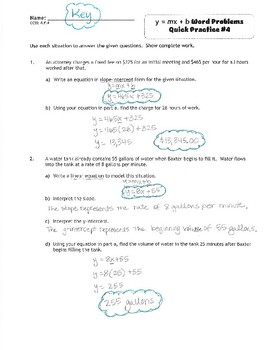 Slope Intercept Word Problems Quick Practice 4 And Key By Cami Freeman