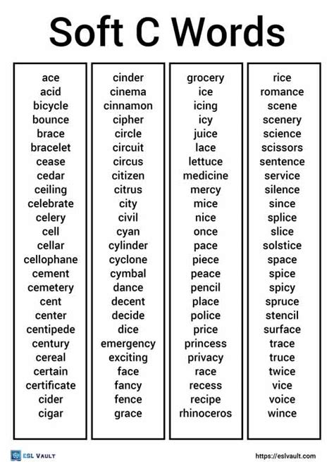 Soft C Words Words List And Pictures Esl Vault