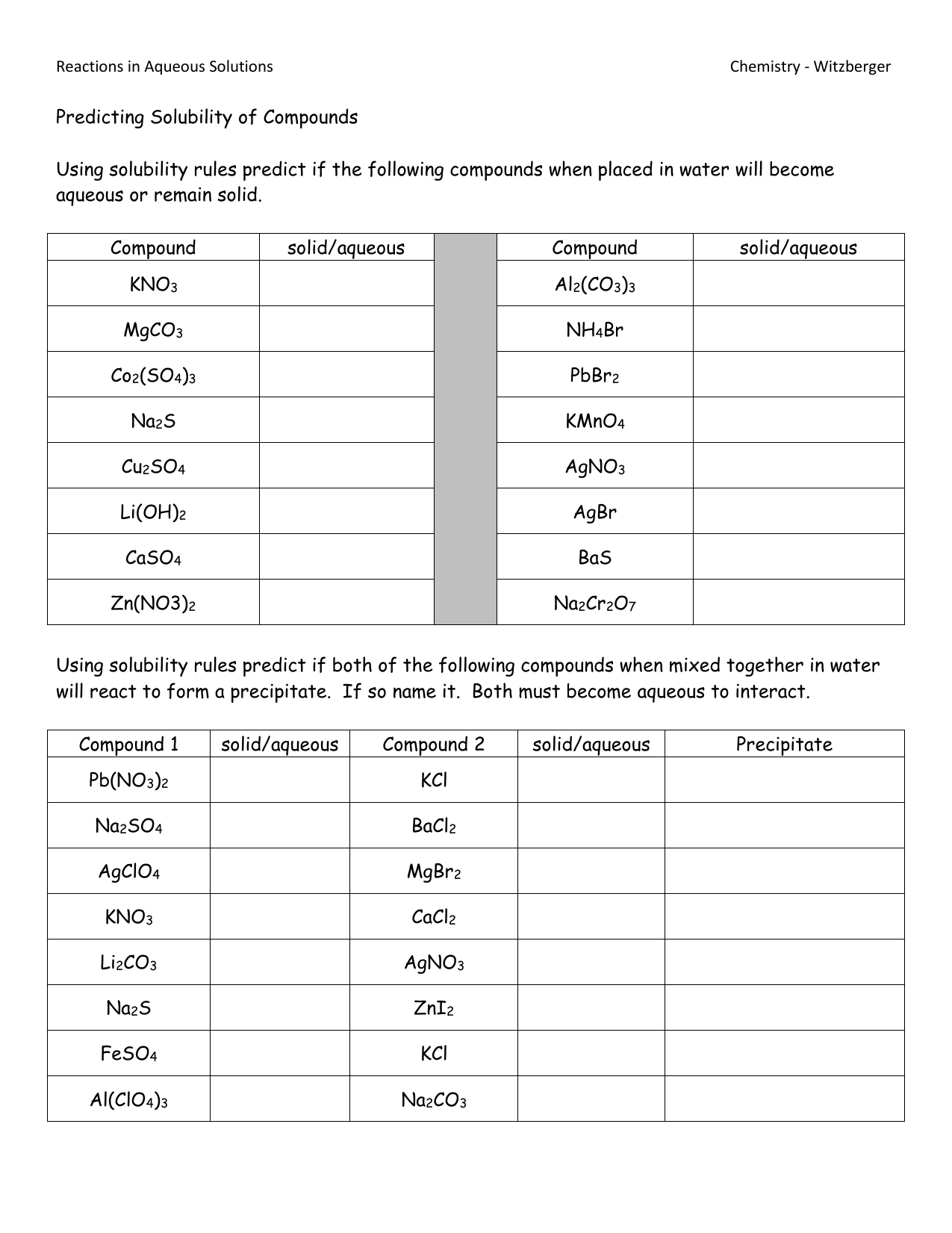 Solubility Rules Practice Worksheet Worksheets For Kindergarten