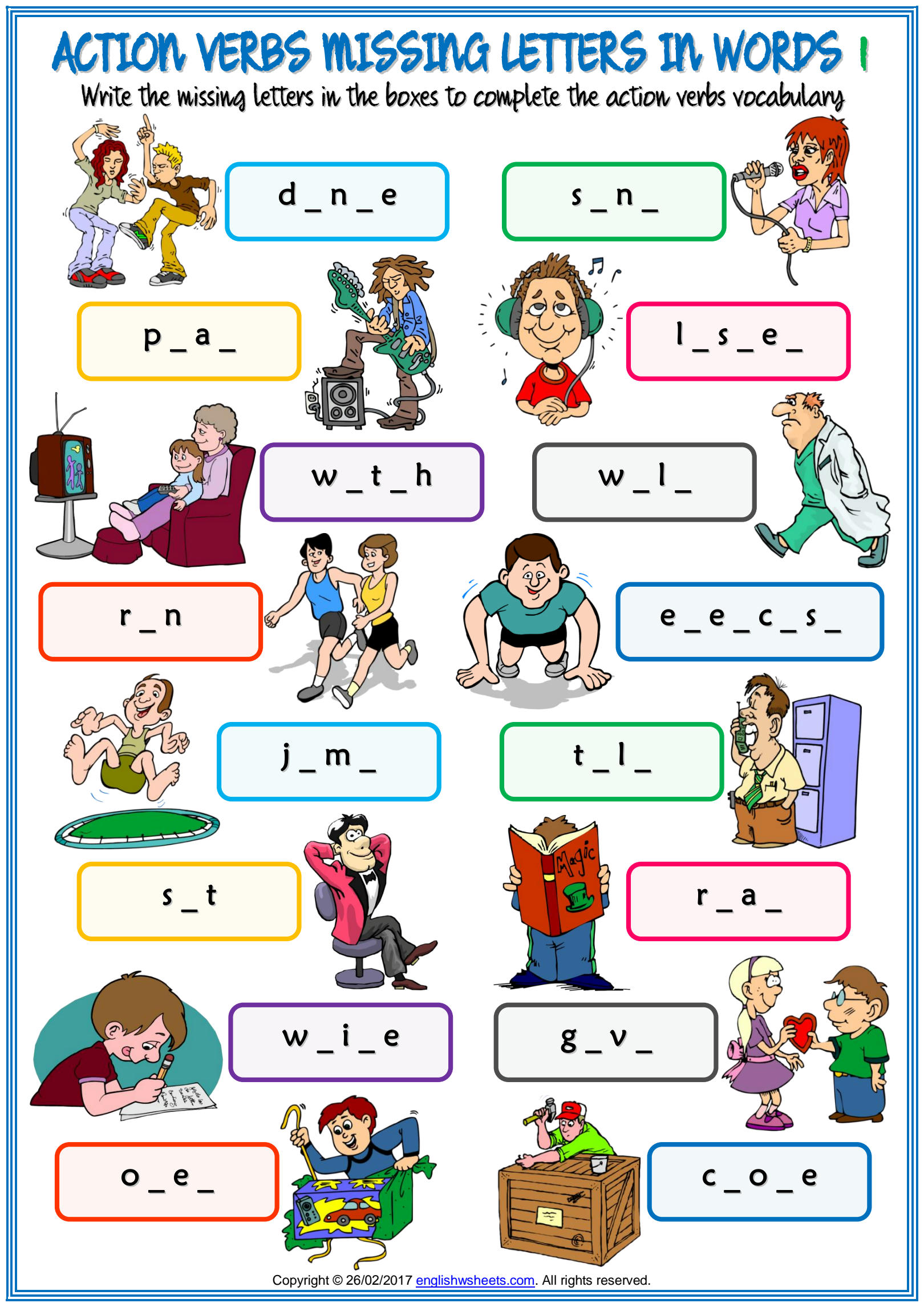 Solution Action Verbs Vocabulary Esl Missing Letters In Words Worksheets For Kids Studypool