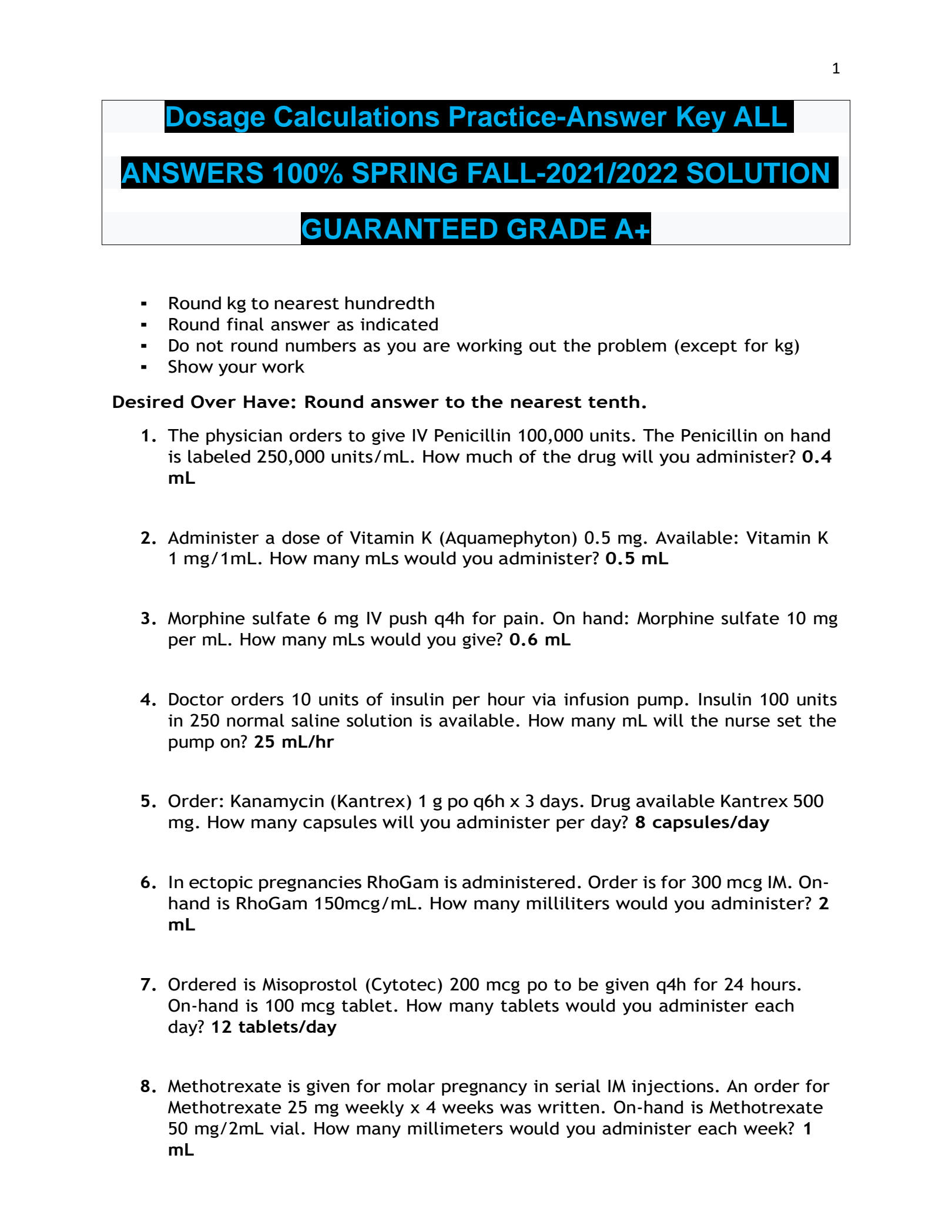 Solution Dosage Calculations Practice Answer Key Studypool