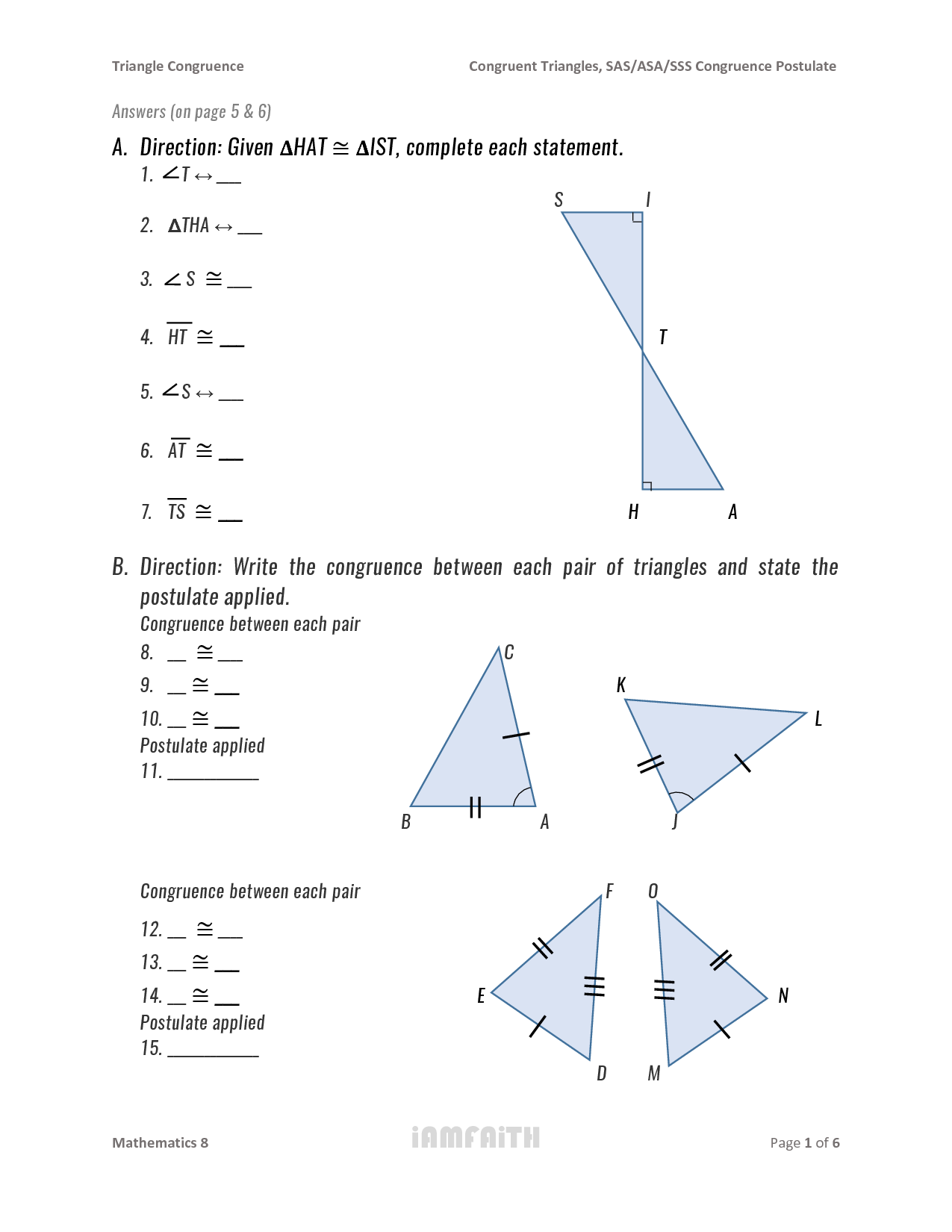 Solution Math 8 Exam Triangle Congruence Q A Studypool