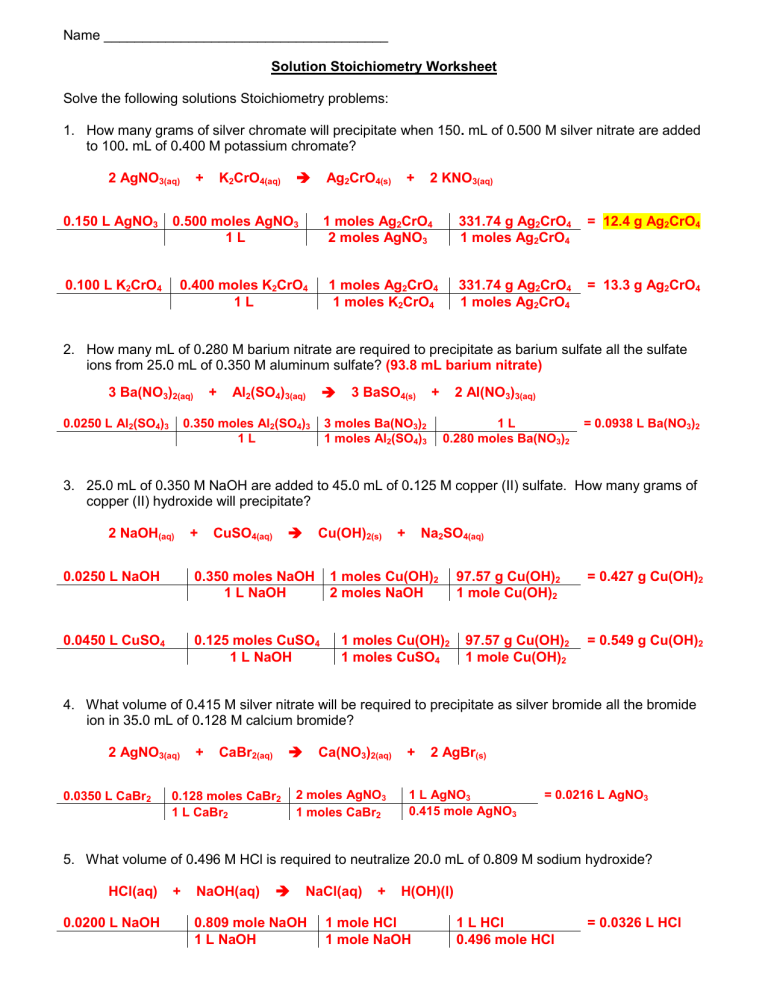 Solution Stoichiometry Worksheet By All Your Chemistry Needs Tpt