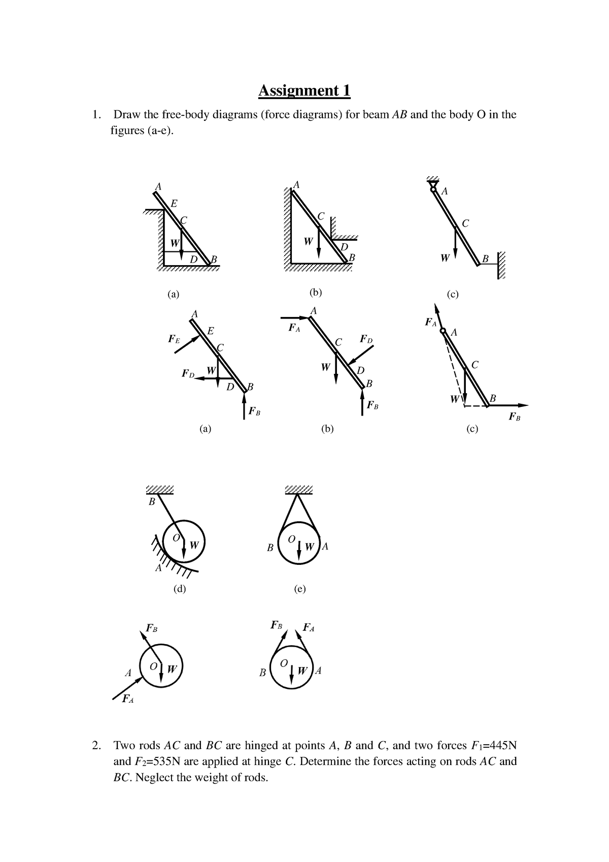 Solution To Assignment 1 6 2020 21A Assignment 1 1 Draw The Free Body Diagrams Force