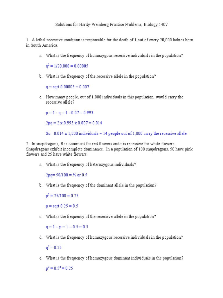 Solutions Hardy Weinberg Practice Problems Pdf