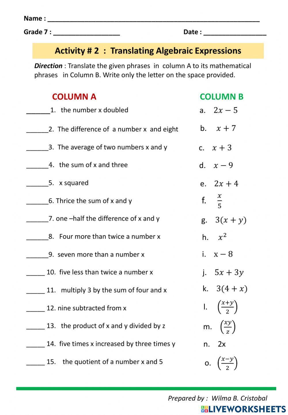 Solve Algebraic Expressions Worksheet