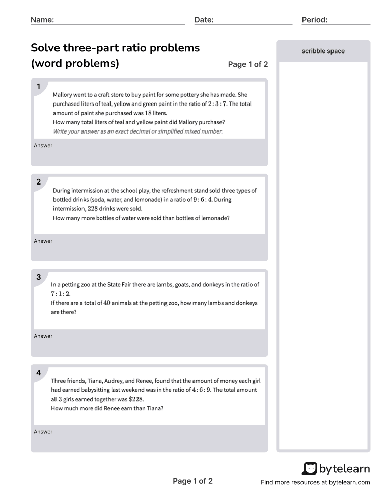 Solve Three Part Ratio Problems Word Problems Worksheets Pdf 6 Rp