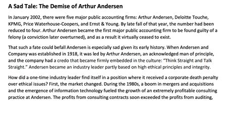 Solved A Sad Tale The Demise Of Arthur Andersen In January Chegg Com