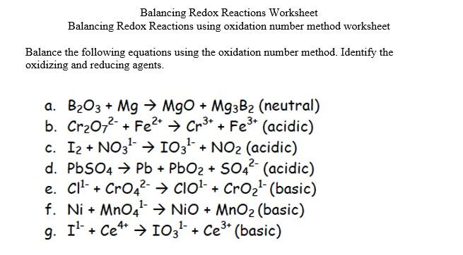 Solved Balancing Redox Reactions Worksheet Balancing Redox Chegg Com