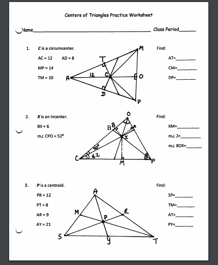 Solved Centers Of Triangles Practice Worksheet Name Class Chegg Com