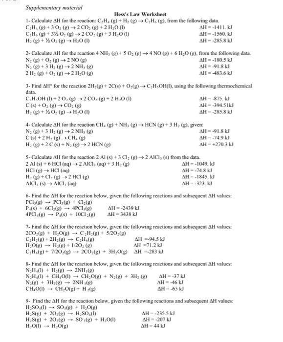 Solved Hess S Law Worksheet Calculate H Chegg Com