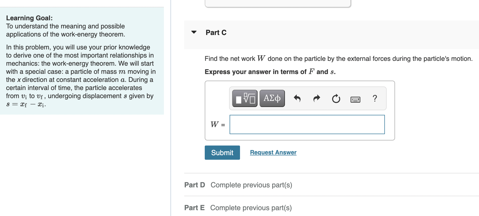 Solved Learning Goal Review The Work Energy Theorem And Chegg Com