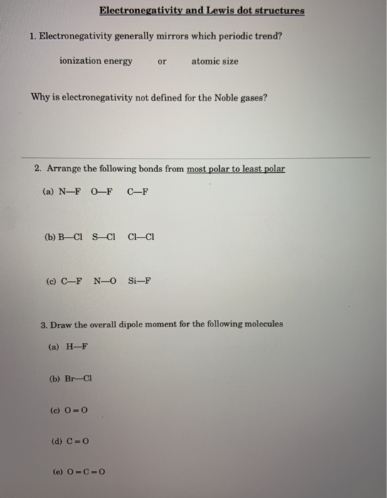 Solved Pre Workshop Electronegativity And Lewis Structures Chegg Com