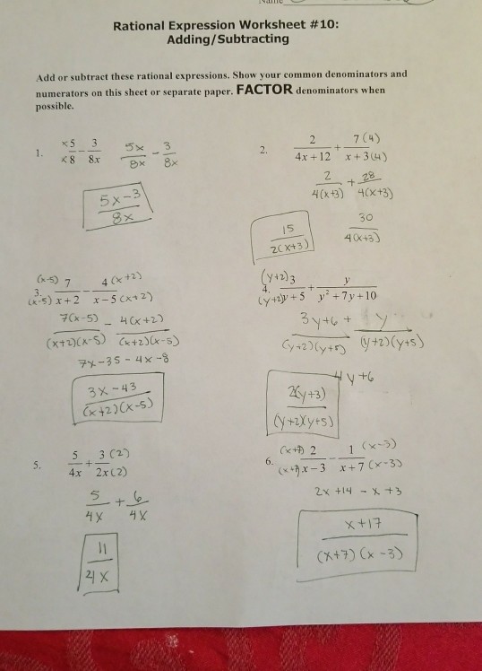 Solved Rational Expression Worksheet 10 Adding Subtracting Chegg Com