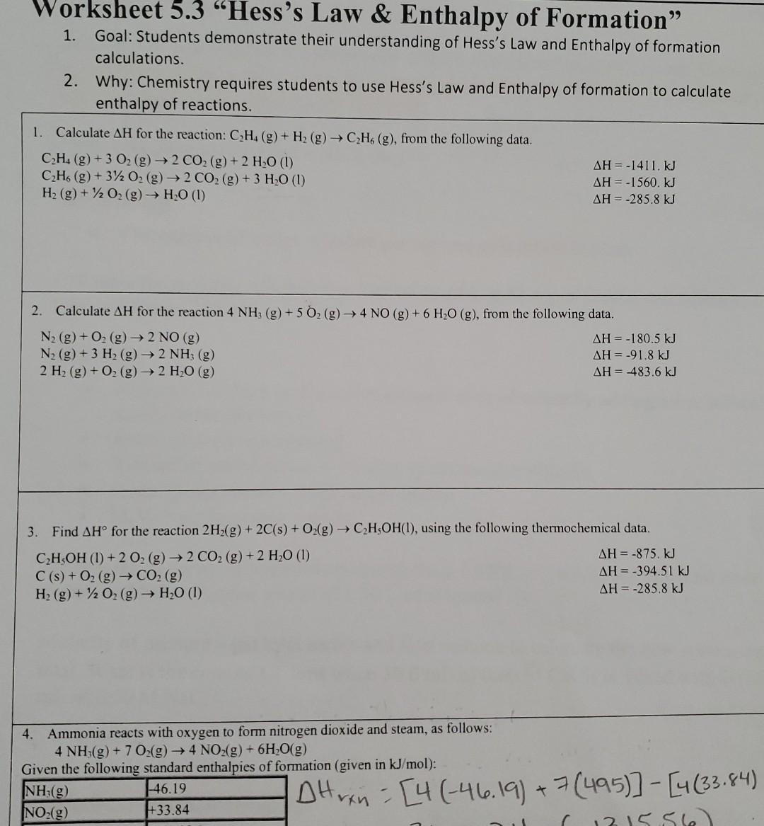 Solved Worksheet 5 3 6 Hess S Law Enthalpy Of Formation Chegg Com