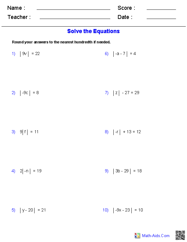 Absolute Value Equations: Worksheet and Solutions Guide