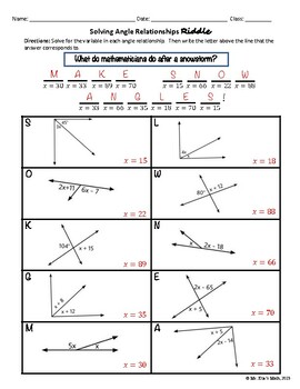 Solving Angle Relationship Equations Riddle Worksheet By Ms Kue Amp 39 S Math