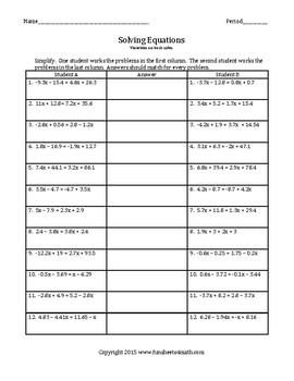 Solving Equations Variables On Both Sides With Decimals Pair Share