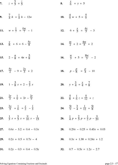 Solving Equations With Fractions And Decimals Worksheets