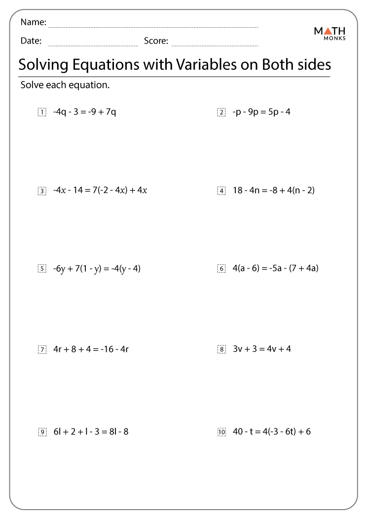 Solving Equations With Variables On Both Sides Worksheets Multistep