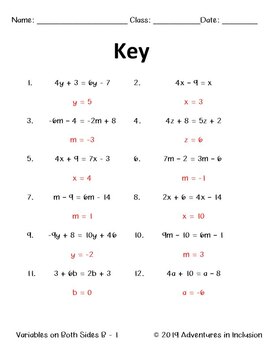 Solving Equations Worksheets Variables On Both Sides Level B Tpt