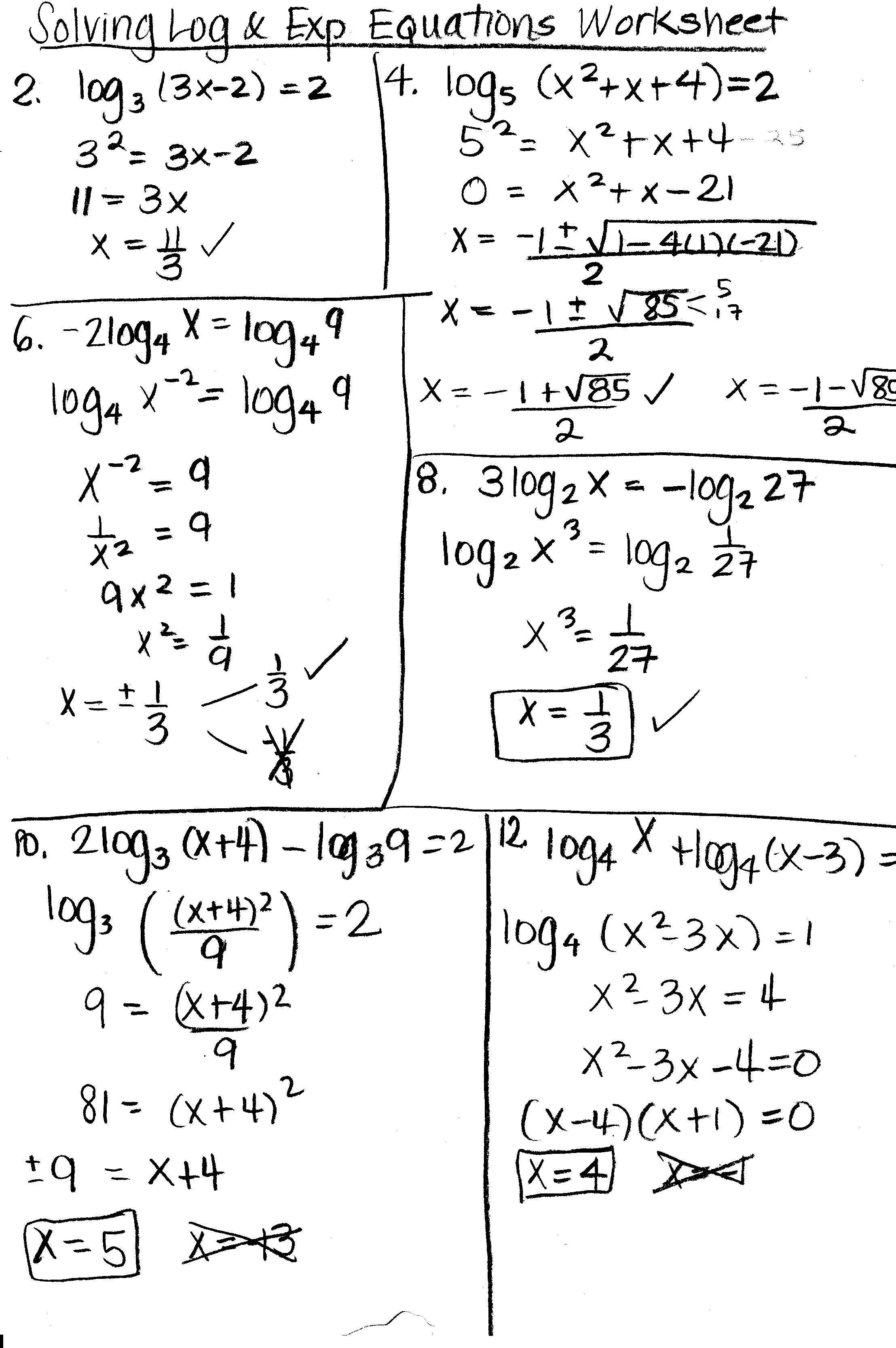 Solving Exponential And Logarithmic Equations Worksheet With Answers