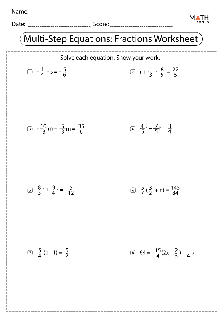 Solving Multi Step Equations With Fractions Worksheet Pdf Equations