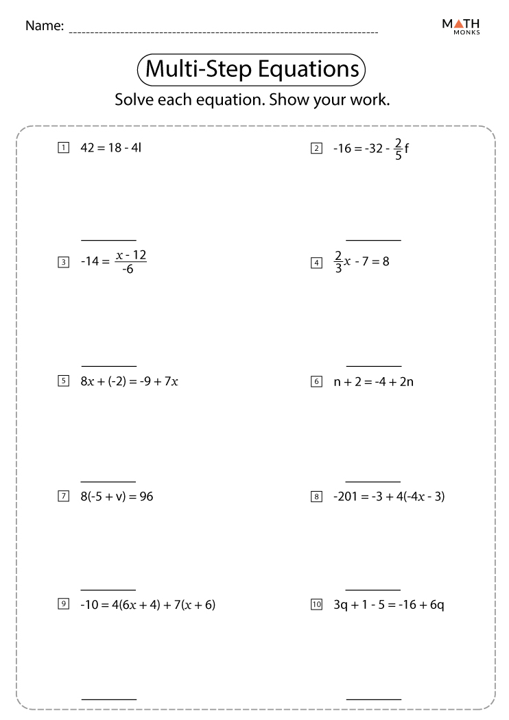 Multi-Step Equations Algebra 1 Worksheet Solutions