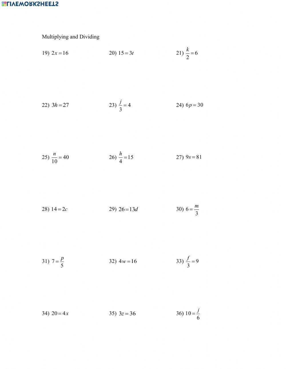 Solving One Step Equations Multiplication And Division Worksheet Answers Free Printable