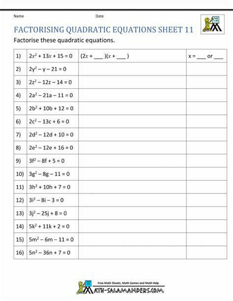 Solving Quadratics By Factorising Worksheet