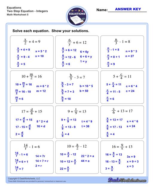 Solving Two Step Algebra Equations With Integers And Fractions Level 1B