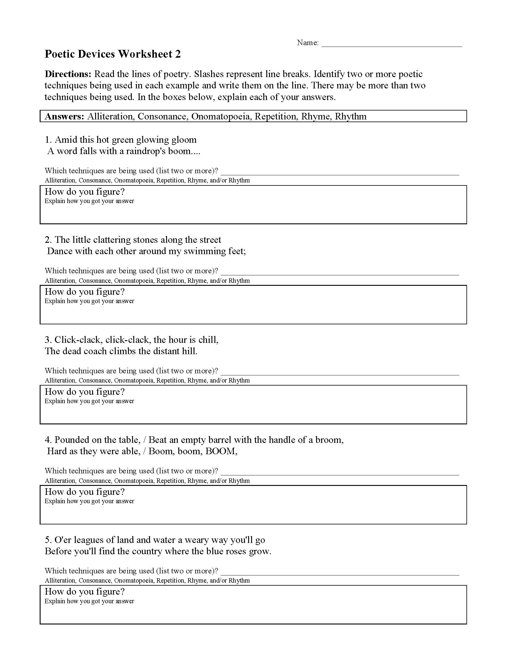 Sound Devices In Poetry Worksheet