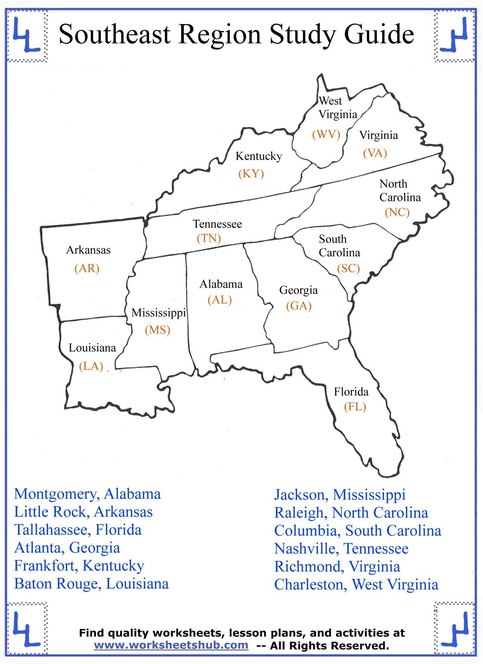 Southeast States And Capitals Worksheets