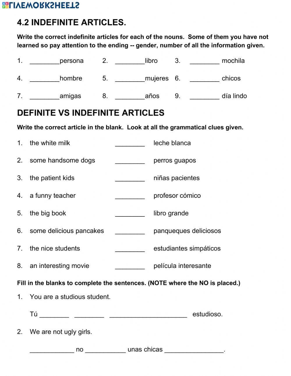 Spanish 1 Worksheets Definite And Indefinite Articles In Spanish Worksheets Library