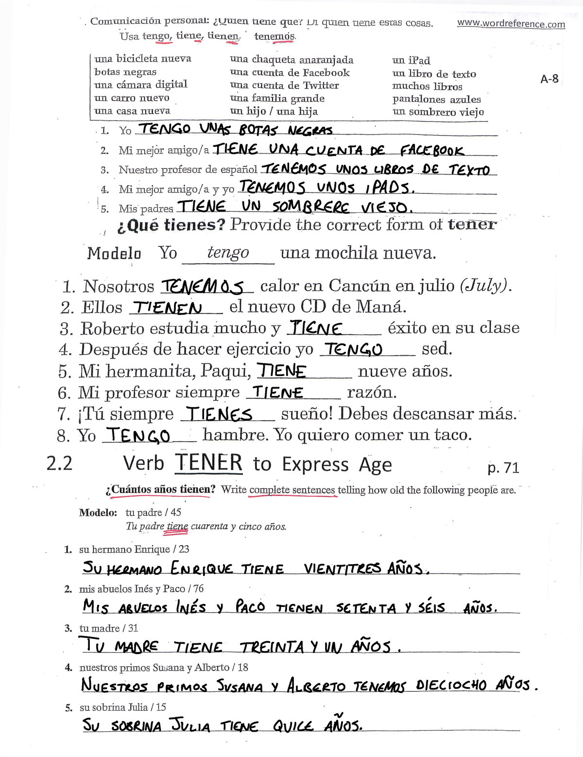 Spanish Chapter 2A 6 Chapter 2A 6 El Verbo Exacto A Fill In The Chart