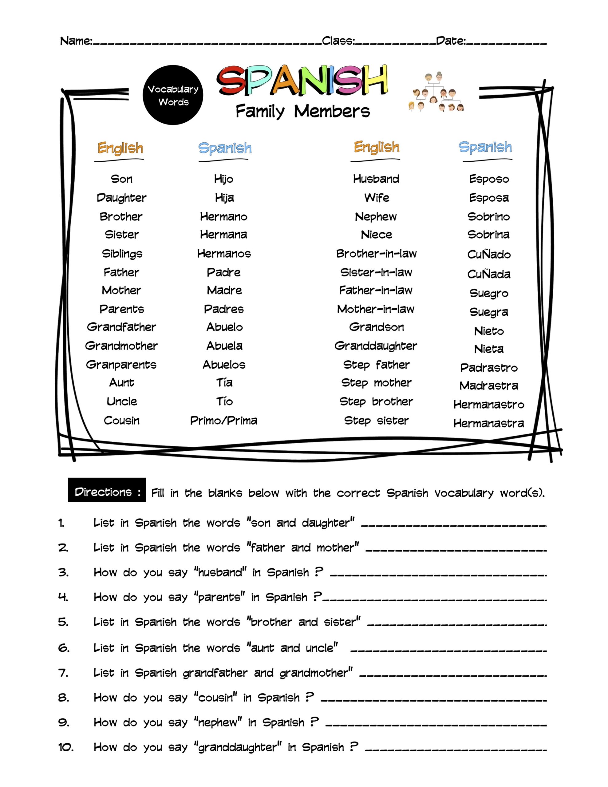 Spanish Family Members Vocabulary Word List Worksheet Answer Key