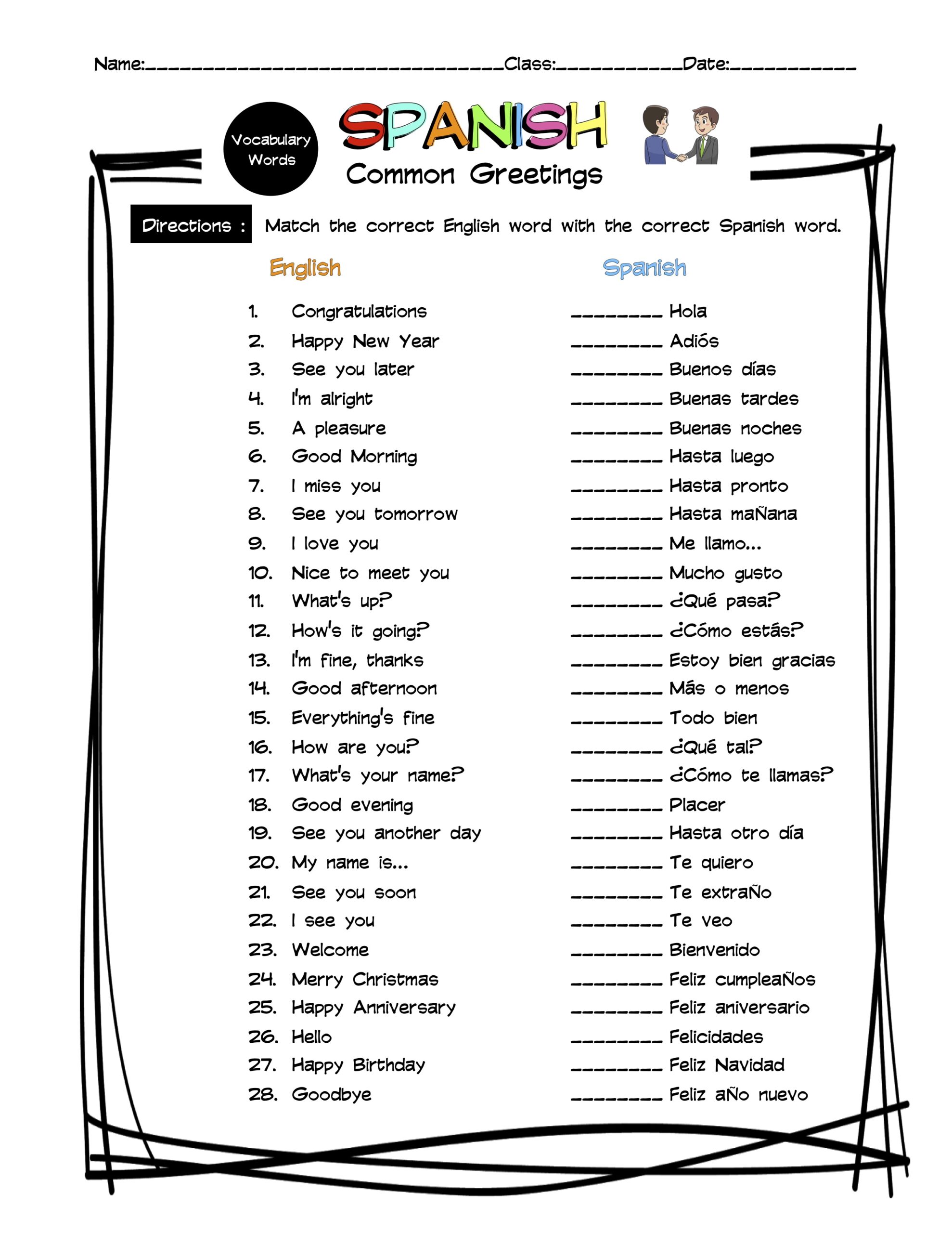 Spanish Greetings Vocabulary Matching Worksheet Answer Key Made By