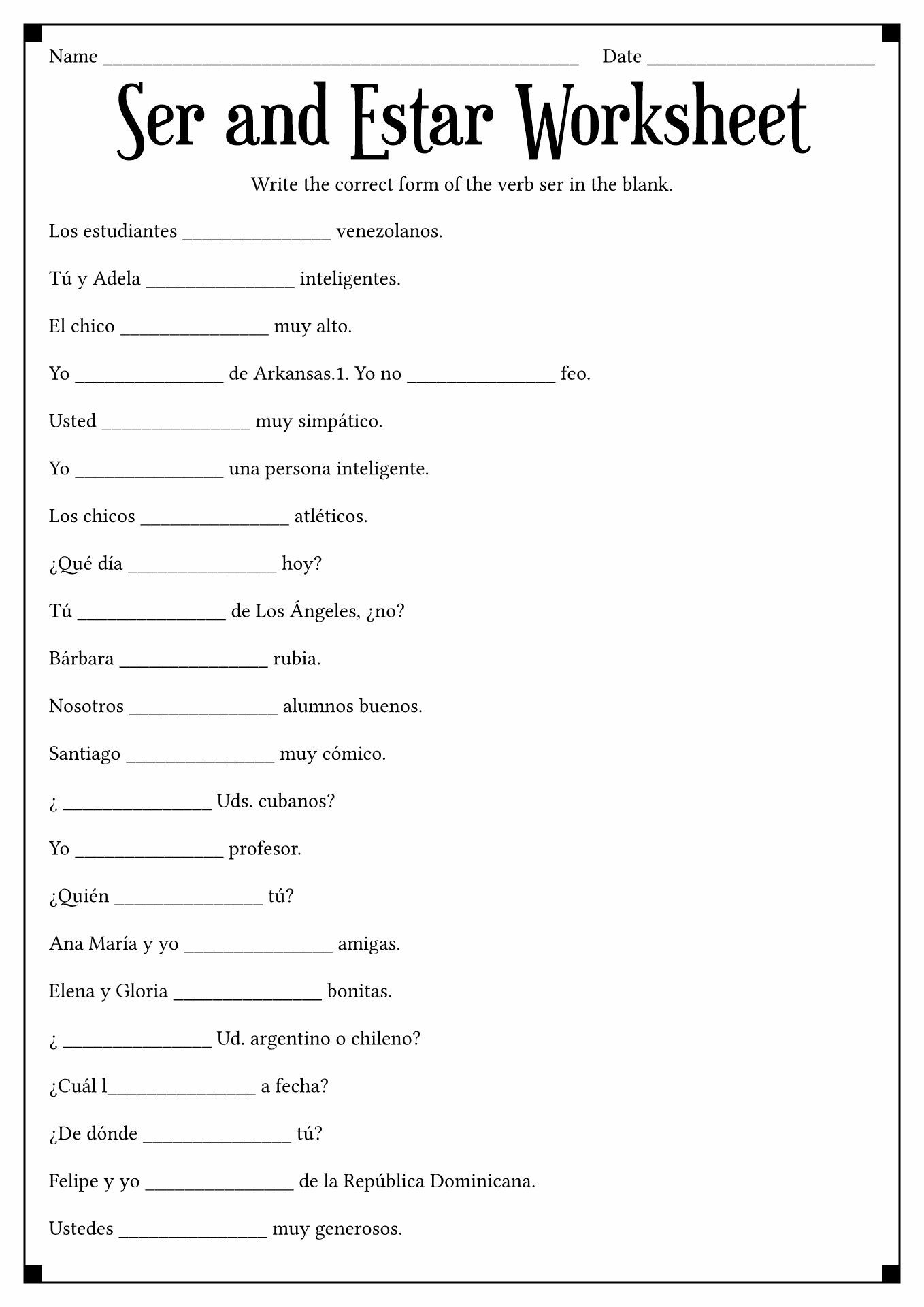 Spanish Ser And Estar Worksheets Spanish Worksheets Verb Worksheets