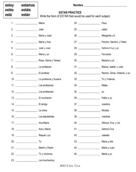 Spanish Verb Estar Conjugation Practice Worksheet By Sra Cruz Tpt