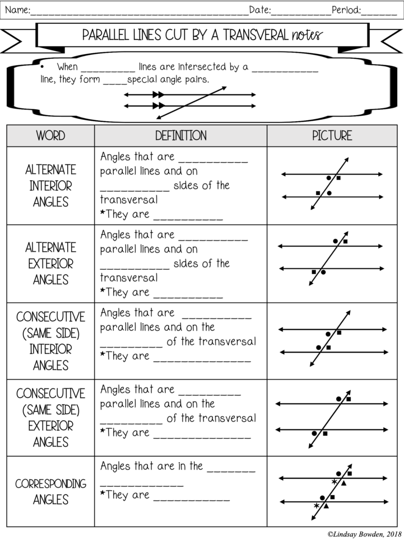 Special Angle Pairs Parallel Lines Cut By A Transversal Notes