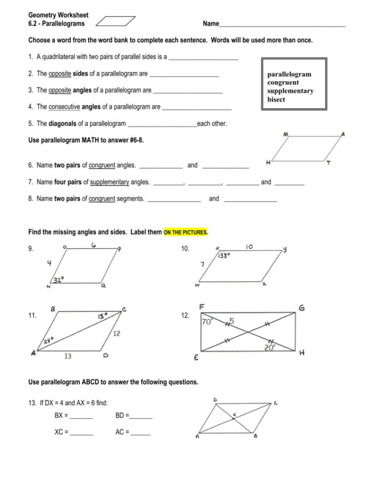 Special Parallelogram Worksheet Answers