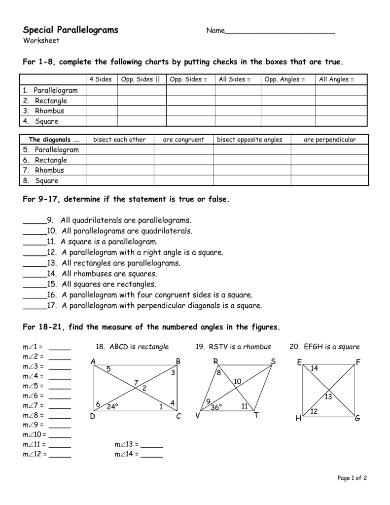 Special Parallelograms Worksheet