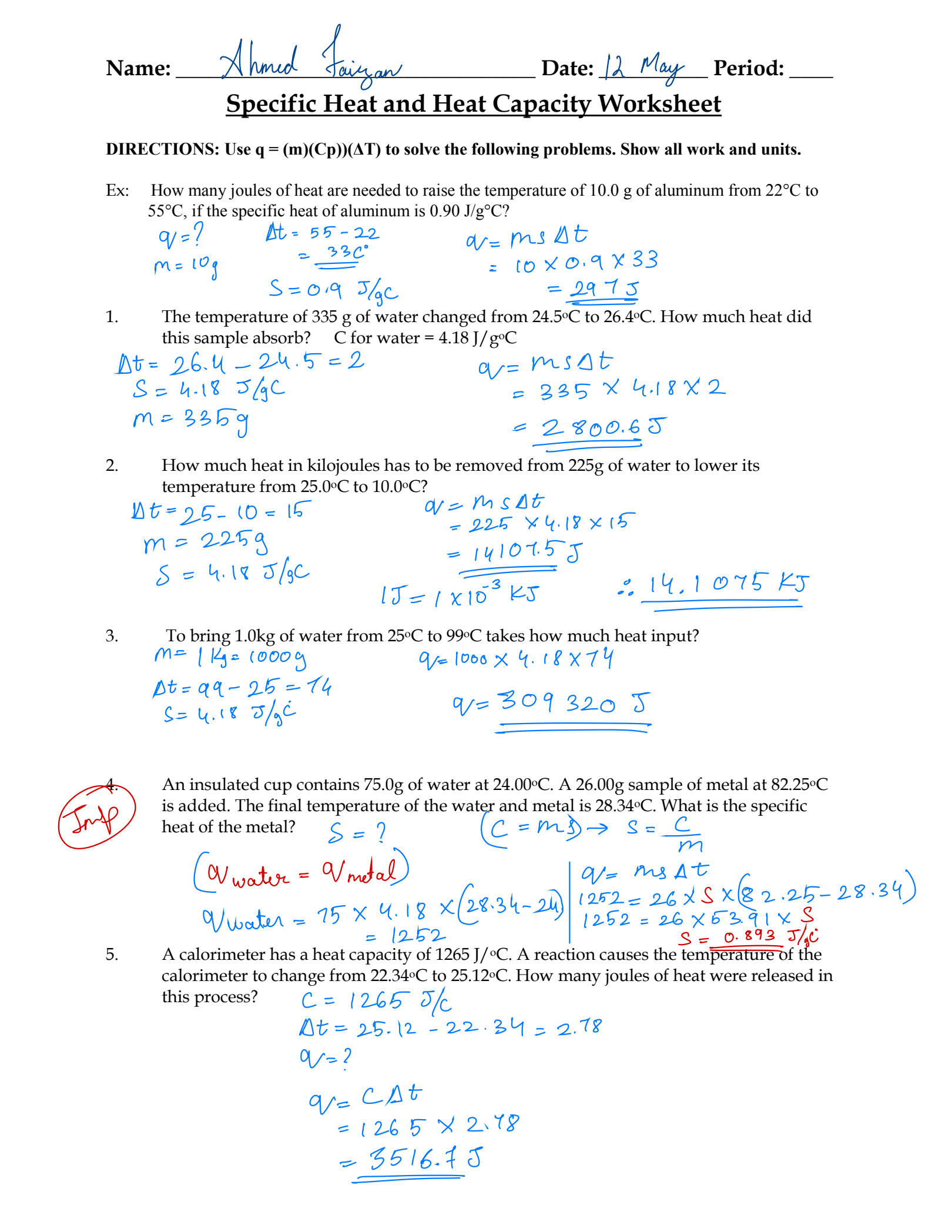 Specific Heat Capacity Worksheet Teaching Resources