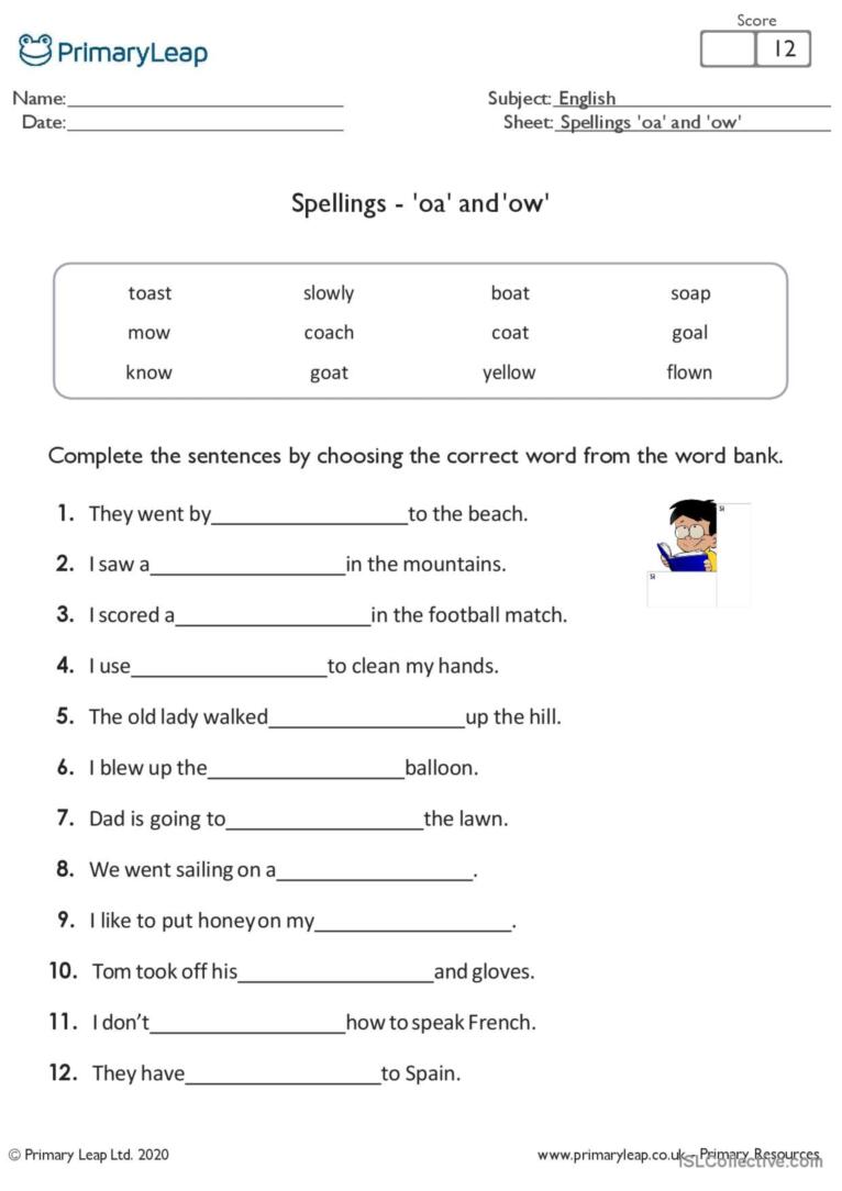 Spelling Long O O Oa Ow Worksheet For 1St 2Nd Grade Lesson Planet