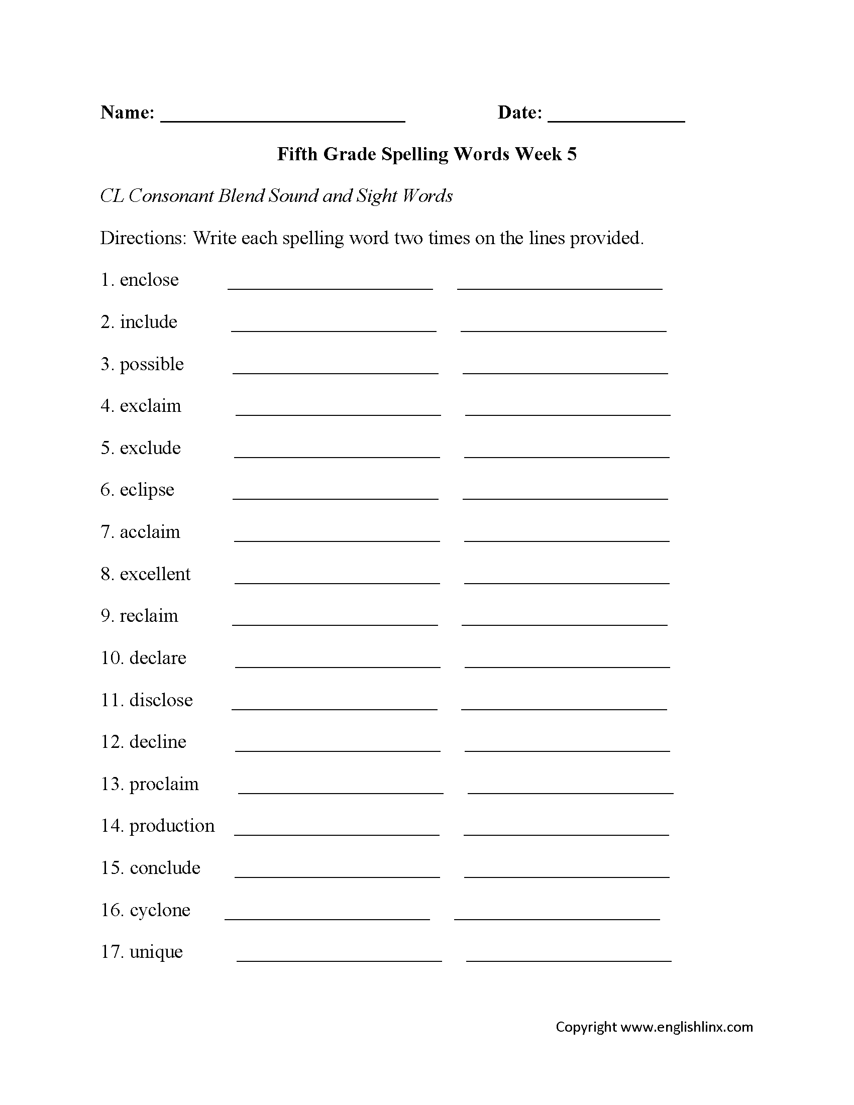 Spelling Worksheets For Grade 5