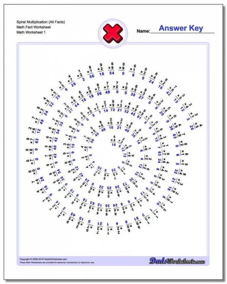 Spiral Multiplication All Facts Math Fact Worksheet Math Worksheets